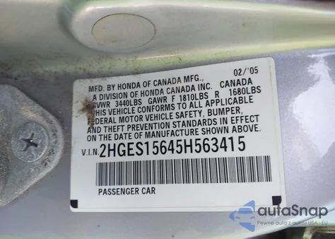 2005 Honda Civic Lx z USA, uszkodzony, nr VIN 2HGES15645H563415